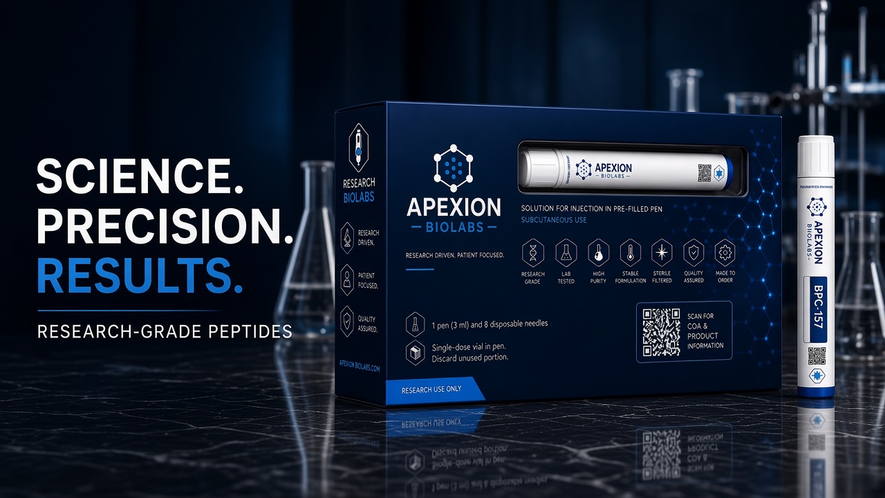 Science. Precision. Results. Apexion Biolabs navy research-pen packaging.