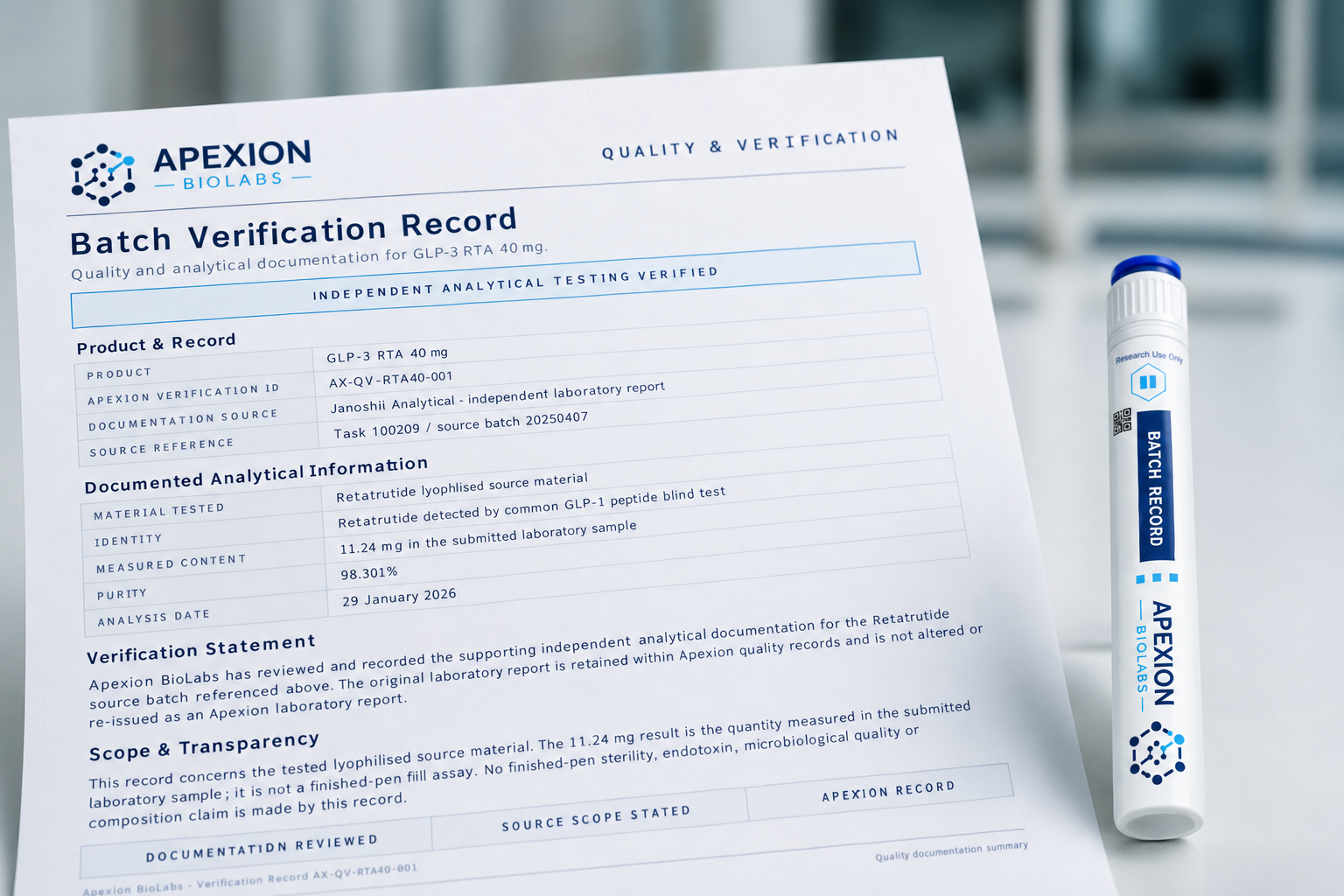 Apexion batch record and pre-filled research pen