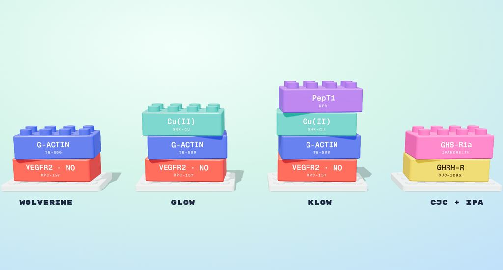 Toy-brick stacks showing the receptor or pathway each peptide targets