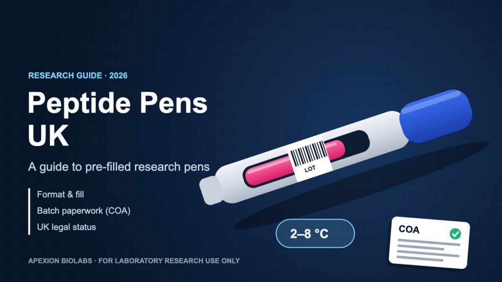 Peptide Pens UK research guide: a sealed pre-filled research pen with a lot label, a COA and a 2–8 °C storage tag