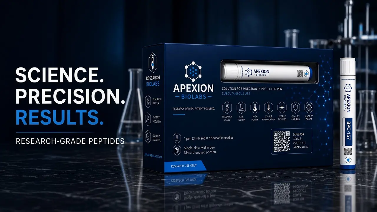 Science. Precision. Results. Apexion Biolabs navy research-pen packaging.